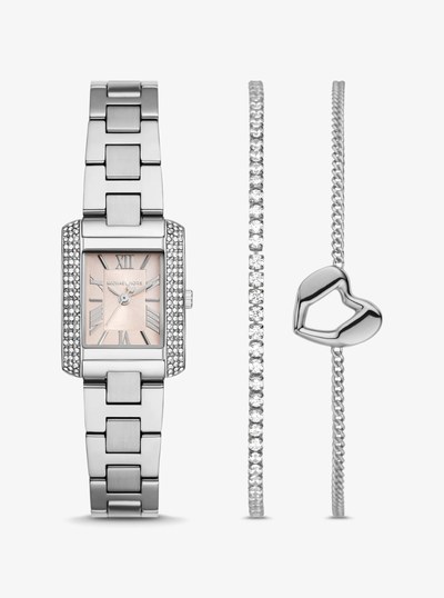 Mini Emery Silver-Tone Watch and Bracelet Gift Set in SILVER | Michael Kors