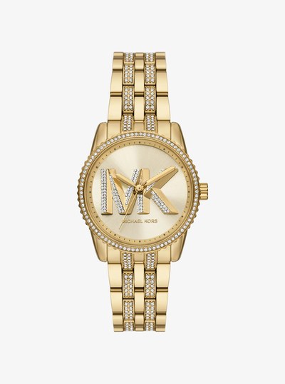 Mini Bryant Pav&eacute; Logo Gold-Tone Watch in GOLD | Michael Kors