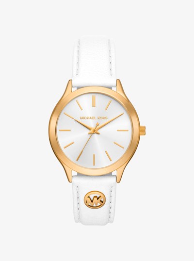 Slim Runway Gold-Tone and Leather Watch in OPTIC WHITE | Michael Kors