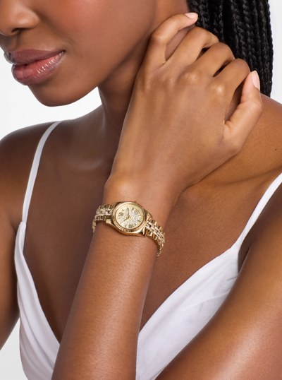 Petite Lexington Pav&eacute; Gold-Tone Watch in GOLD | Michael Kors