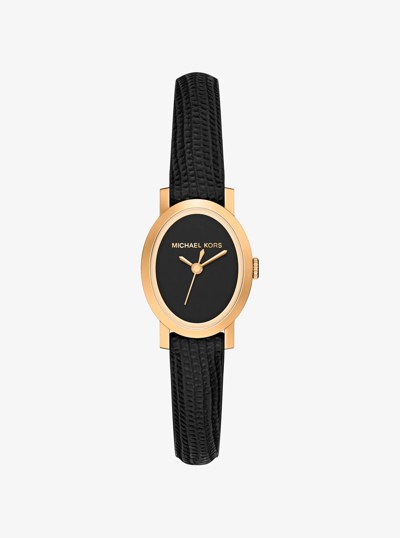 Petite Maude Gold-Tone and Lizard Embossed Leather Watch in BLACK | Michael Kors