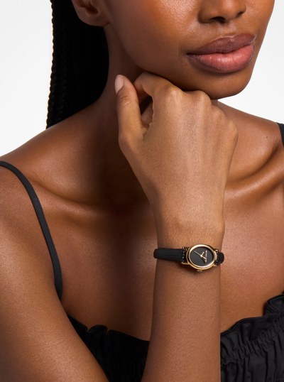 Petite Maude Gold-Tone and Lizard Embossed Leather Watch in BLACK | Michael Kors