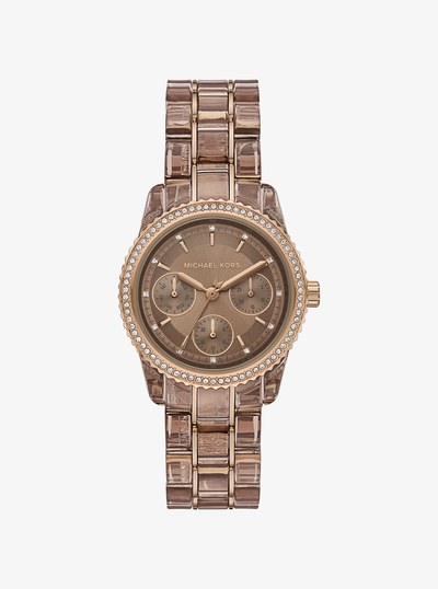 Ritz Pav&eacute; Beige Gold-Tone and Acetate Watch in TAUPE | Michael Kors