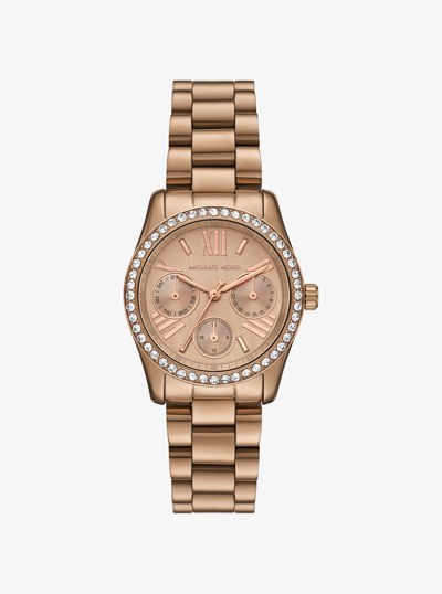 Mini Lexington Pav&eacute; Brushed Beige Gold-Tone Watch in BEIGE GOLD | Michael Kors