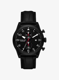 Oversized Panorama Black-Tone and Crocodile Embossed Leather Watch