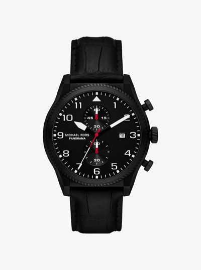 Oversized Panorama Black-Tone and Crocodile Embossed Leather Watch in BLACK | Michael Kors
