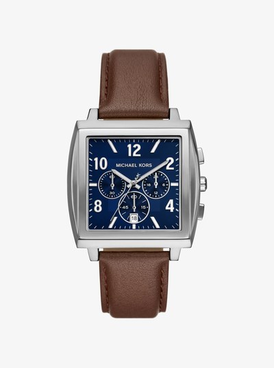 Oversized Rhys Silver-Tone and Leather Watch in SILVER | Michael Kors