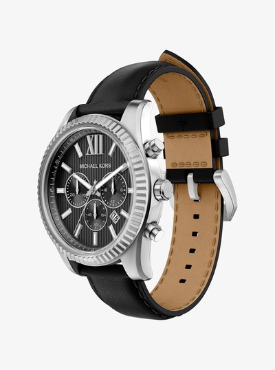 Oversized Lexington Silver-Tone and Leather Watch in BLACK | Michael Kors