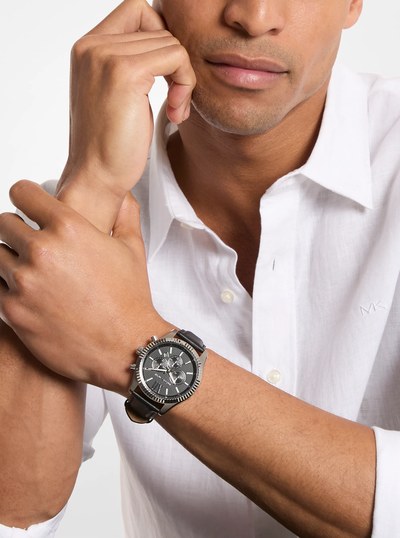 Oversized Lexington Silver-Tone and Leather Watch in BLACK | Michael Kors