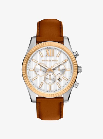 Oversized Lexington Two-Tone and Leather Watch in LUGGAGE | Michael Kors