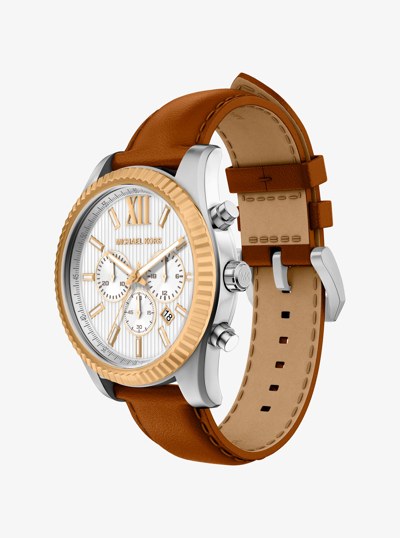 Oversized Lexington Two-Tone and Leather Watch in LUGGAGE | Michael Kors