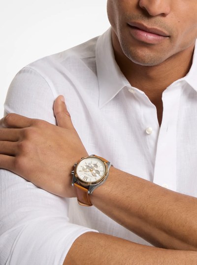 Oversized Lexington Two-Tone and Leather Watch in LUGGAGE | Michael Kors