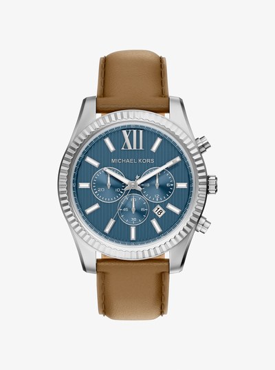 Oversized Lexington Silver-Tone and Leather Watch in HUSK | Michael Kors