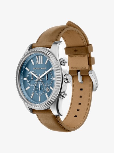Oversized Lexington Silver-Tone and Leather Watch in HUSK | Michael Kors
