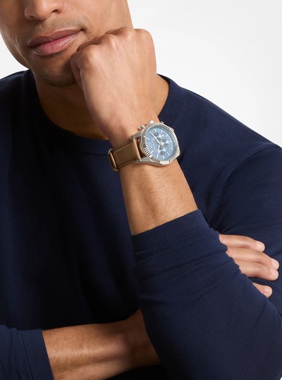 Oversized Lexington Silver-Tone and Leather Watch in HUSK | Michael Kors