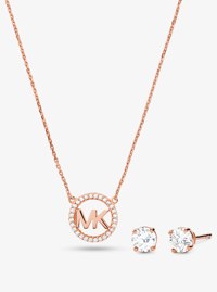 14K Rose Gold-Plated Sterling Silver Pav&eacute; Logo Charm Necklace and Stud Earrings Set