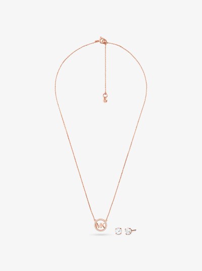 14K Rose Gold-Plated Sterling Silver Pav&eacute; Logo Charm Necklace and Stud Earrings Set in ROSE GOLD | Michael Kors