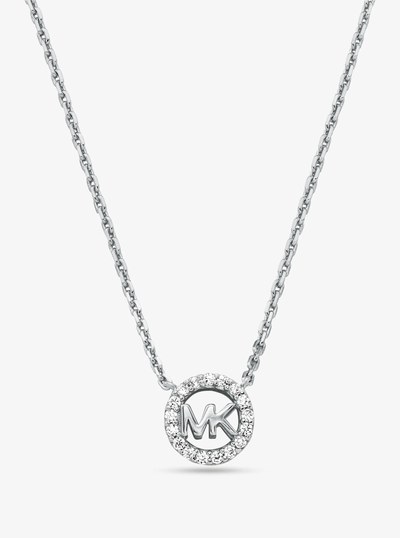 Fulton Precious-Metal Plated Sterling Silver Pav&eacute; Logo Charm Necklace in SILVER | Michael Kors