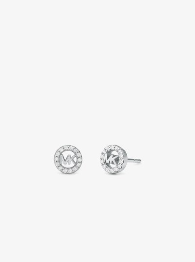 Fulton Precious-Metal Plated Sterling Silver Pav&eacute; Logo Charm Stud Earrings in SILVER | Michael Kors