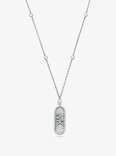 Pav&eacute; Precious Metal-Plated and Sterling Silver Empire Logo Necklace in SILVER | Michael Kors