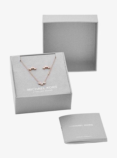 Precious Metal-Plated Cubic Zirconia Necklace and Stud Earrings Set in ROSE GOLD | Michael Kors