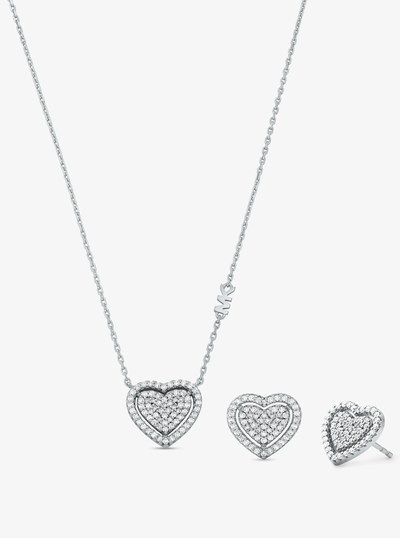 Precious Metal-Plated Sterling Silver Pav&eacute; Heart Necklace and Earrings Gift Set in SILVER | Michael Kors