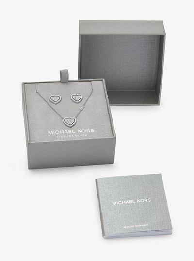Precious Metal-Plated Sterling Silver Pav&eacute; Heart Necklace and Earrings Gift Set in SILVER | Michael Kors
