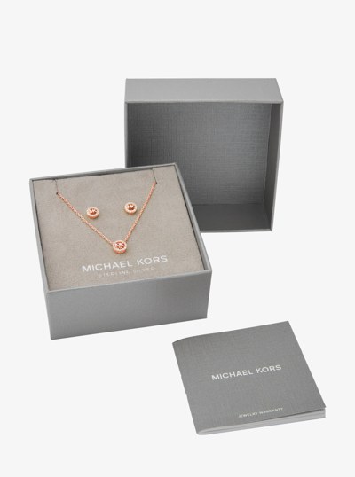 Fulton Precious-Metal Plated Sterling Silver Pav&eacute; Logo Charm Necklace and Earrings Gift Set in ROSE GOLD | Michael Kors