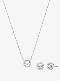 Fulton Precious-Metal Plated Sterling Silver Pav&eacute; Logo Charm Necklace and Earrings Gift Set