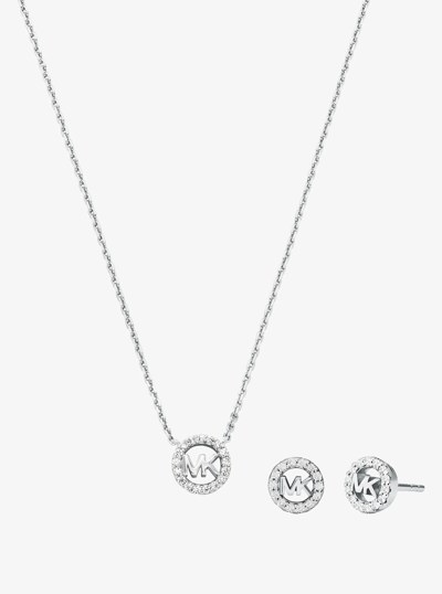 Fulton Precious-Metal Plated Sterling Silver Pav&eacute; Logo Charm Necklace and Earrings Gift Set in SILVER | Michael Kors
