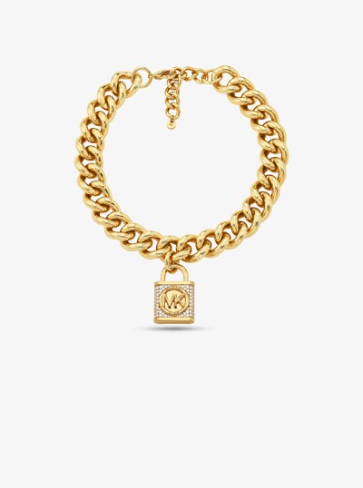 Precious Metal-Plated Brass Pav&eacute; Lock Curb Link Necklace in GOLD | Michael Kors