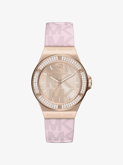 Reloj Lennox en tono oro rosa con pav&eacute; y tira de silicona con logotipo in DORADO ROSA | Michael Kors