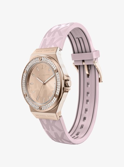 Reloj Lennox en tono oro rosa con pav&eacute; y tira de silicona con logotipo in DORADO ROSA | Michael Kors