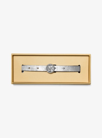 Metallic Leather Pav&eacute; Logo Belt in BLACK/SILVER | Michael Kors