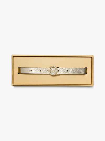 Metallic Leather Pav&eacute; Logo Belt in GOLD | Michael Kors