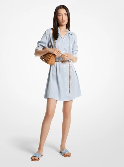 Pinstriped Satin Belted Shirtdress in BLUEBERRY | Michael Kors
