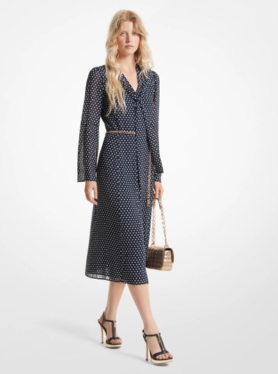Polka Dot Georgette Tie-Neck Midi Dress in MIDNIGHTBLUE | Michael Kors