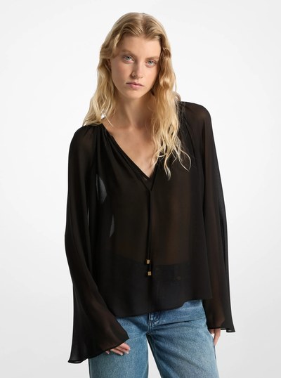 Georgette V-Neck Blouse in BLACK | Michael Kors