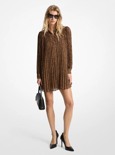 Pleated Cheetah Print Georgette Dress in CAFE | Michael Kors