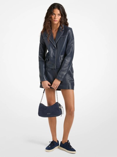 Contrast-Trim Leather Cropped Blazer in MIDNIGHTBLUE | Michael Kors