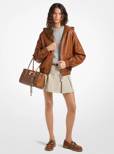 Textured Leather Hooded Jacket in LUGGAGE | Michael Kors