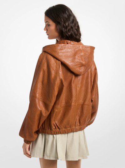 Textured Leather Hooded Jacket in LUGGAGE | Michael Kors