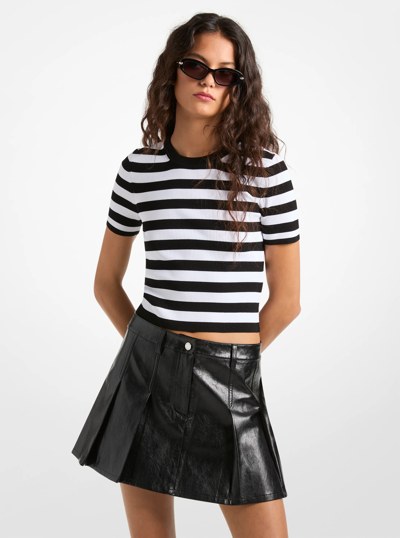 Striped Ribbed Stretch Knit Shirt in BLACK | Michael Kors