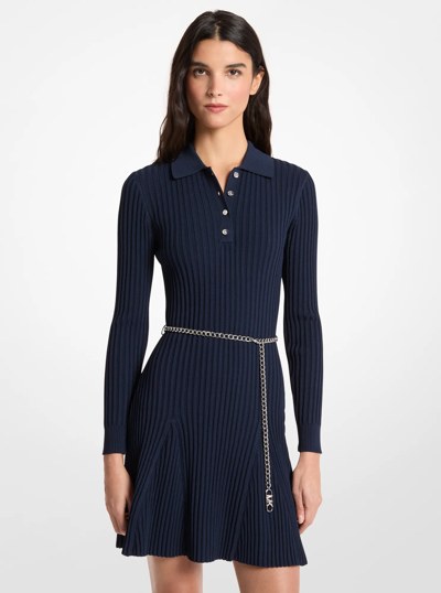 Ribbed Viscose Belted Polo Dress in MIDNIGHTBLUE | Michael Kors