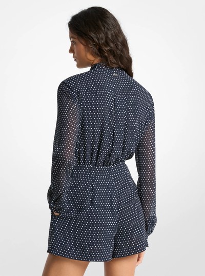 Polka Dot Printed Georgette Tie-Neck Romper in MIDNIGHTBLUE | Michael Kors