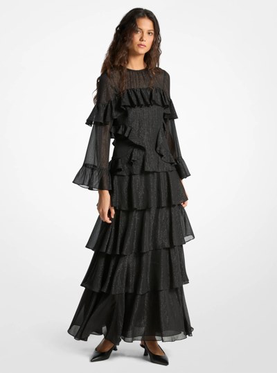 Metallic Striped Georgette Ruffled Dress in BLACK | Michael Kors