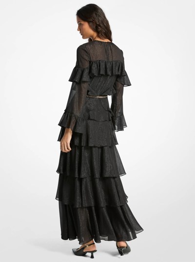 Metallic Striped Georgette Ruffled Dress in BLACK | Michael Kors