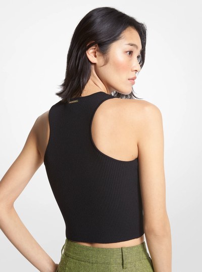 Ribbed Recycled Viscose Blend Cropped Tank Top in BLACK | Michael Kors