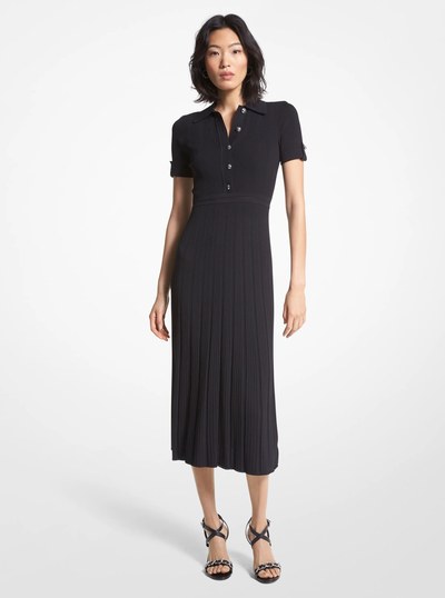 Ribbed Stretch Knit Polo Dress in BLACK | Michael Kors