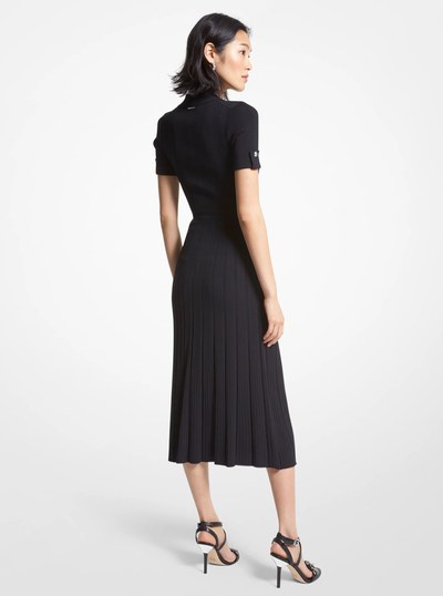 Ribbed Stretch Knit Polo Dress in BLACK | Michael Kors